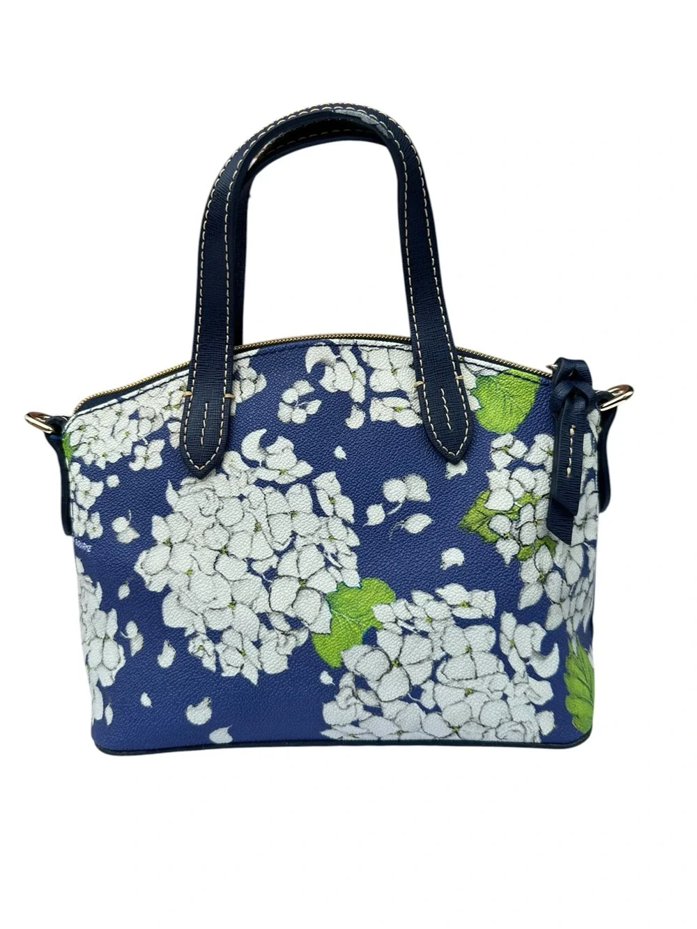 Dooney & Bourke Navy Blue Floral Small Domed Satchel with White Hydrangeas